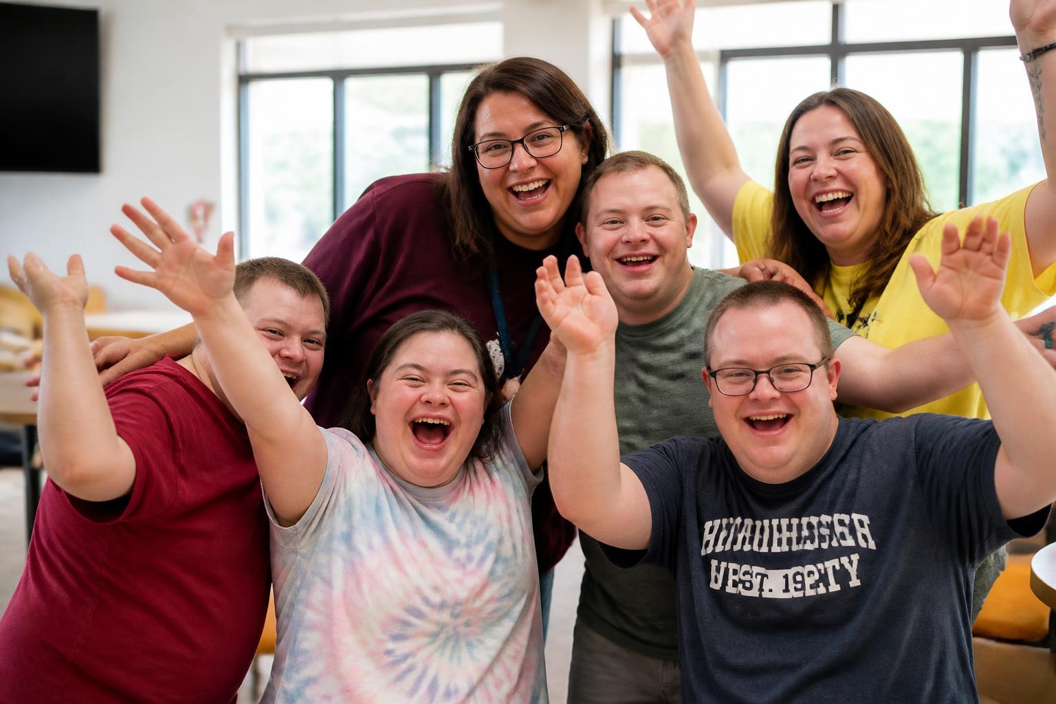 A group of joyful adults with Down syndrome celebrating with their caregivers